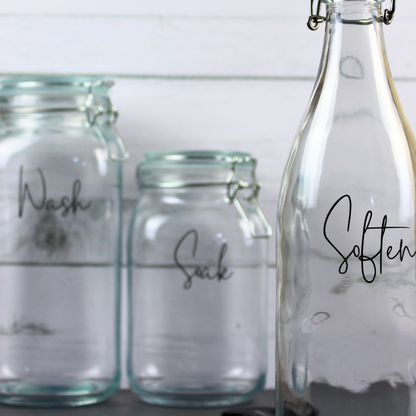 1L Glass Bottle with Clip Top Lid, Soften Label for Fabric Softener. Set of 3