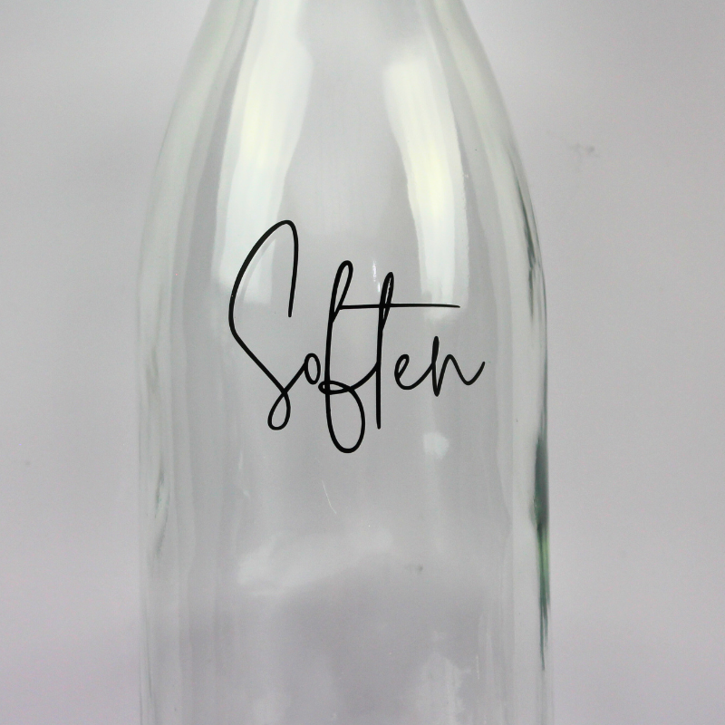 1L Glass Bottle with Clip Top Lid, Soften Label for Fabric Softener. Close up of soften label