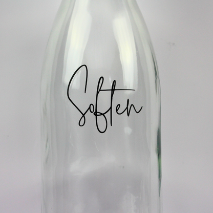 1L Glass Bottle with Clip Top Lid, Soften Label for Fabric Softener. Close up of soften label