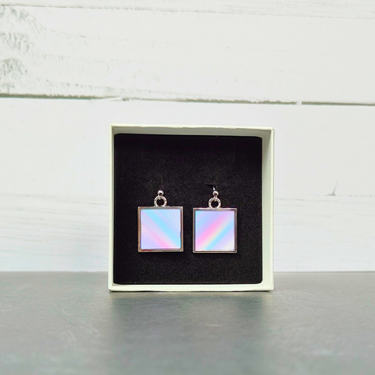 Pastel rainbow printed square stainless steel drop earrings front view