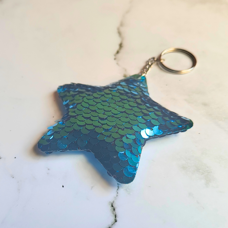 Blue sequin keyring with sensory flip sequins.