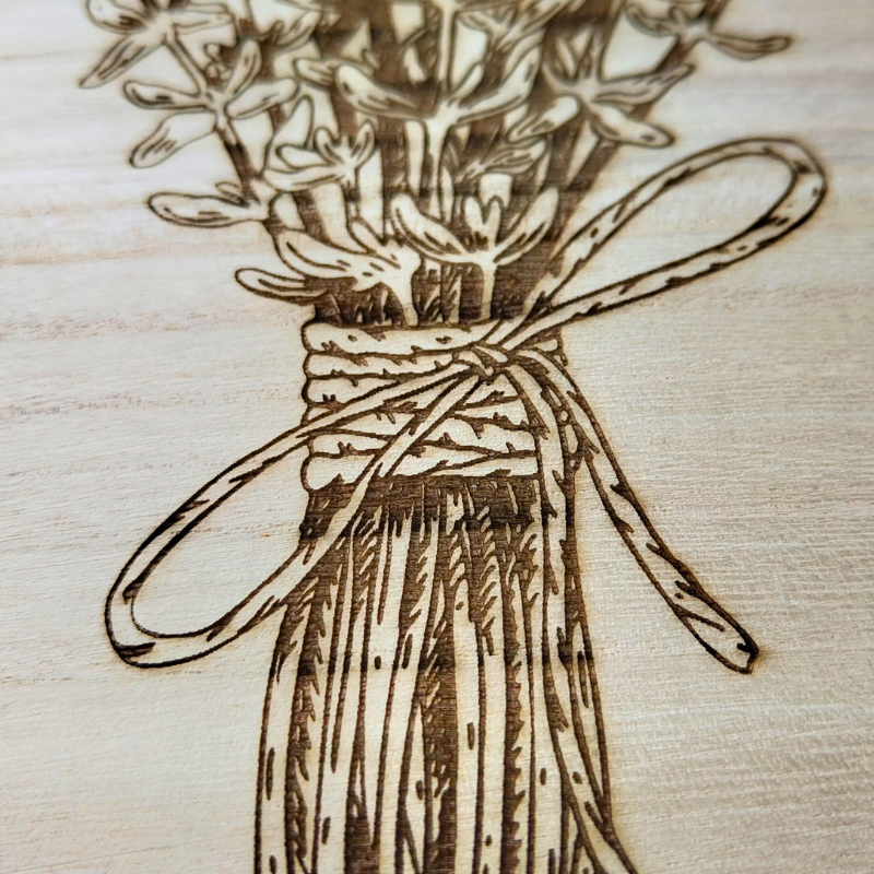 Use as a hot trivet or decorative wooden board, laser engraved thyme bunch design.