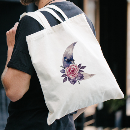 Reusable tote bag with floral moon print. Washable, eco-friendly and lightweight.
