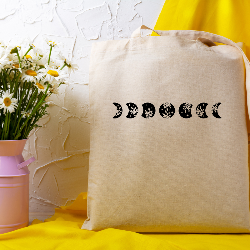 Black floral moon phases shopping tote bag - Ramadan tote bag. Shopping tote for Eid.
