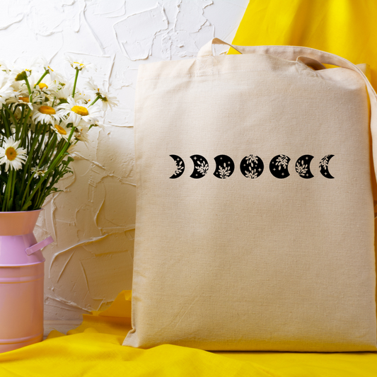Black floral moon phases shopping tote bag - Ramadan tote bag. Shopping tote for Eid.