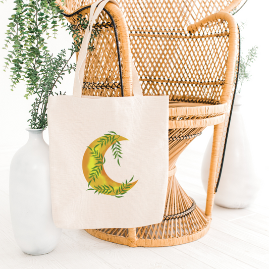 Crescent moon and vine lightweight, reusable and washable shopping tote bag.