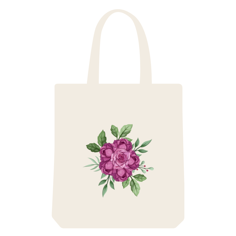 Shopping tote bag with cute purple rose print. Reusable and eco-friendly tote bag.