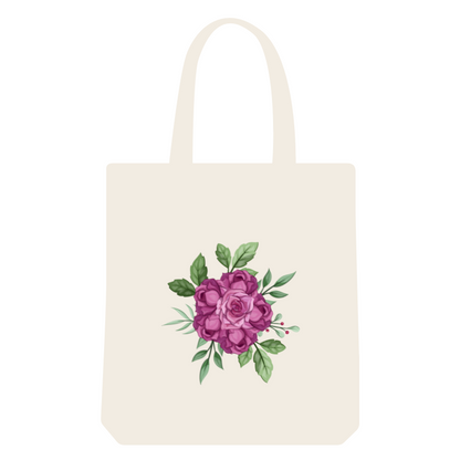 Shopping tote bag with cute purple rose print. Reusable and eco-friendly tote bag.