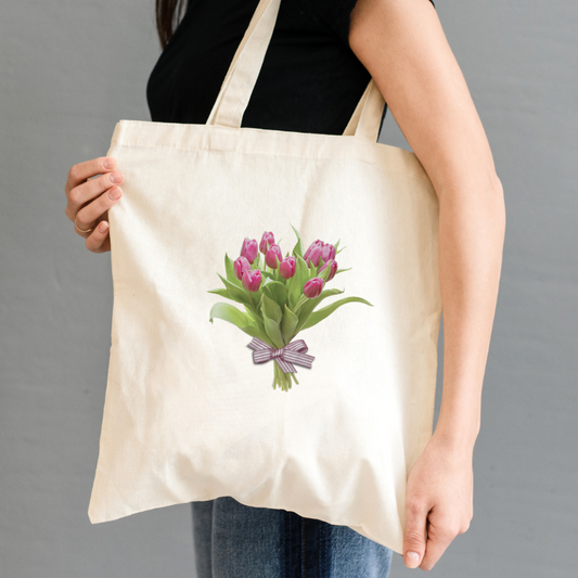 Reusable shopping tote bag with roses bunch design.