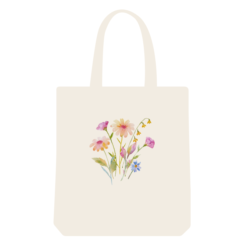Reusable classic tote bag with water color floral print - washable and eco-friendly.