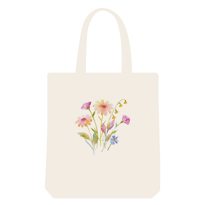 Reusable classic tote bag with water color floral print - washable and eco-friendly.
