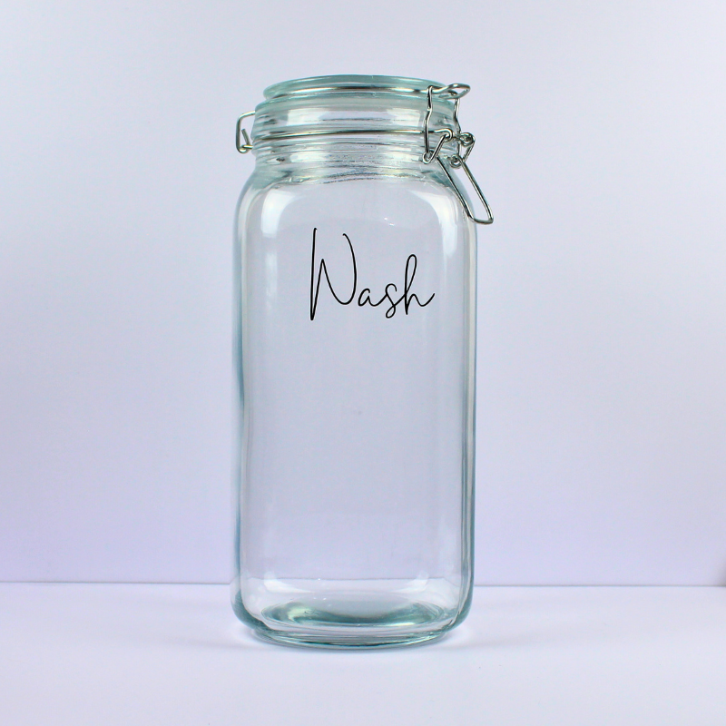 2L Glass Container with Clip Top Swing Lid - 'Wash' Label for Laundry Powder