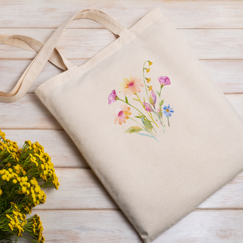 Reusable shopping tote bag with adorable water colour flowers design.