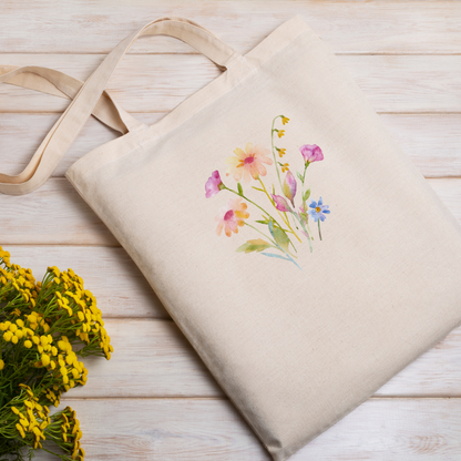Reusable shopping tote bag with adorable water colour flowers design.