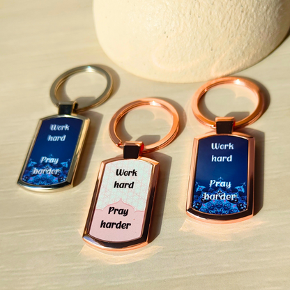 Word hard, pray harder Islamic keyrings.