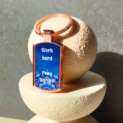 Work hard pray harder rose gold finish blue print keyring. Islamic keyrings uniquely made in Australia. Islamic keyring under $10.