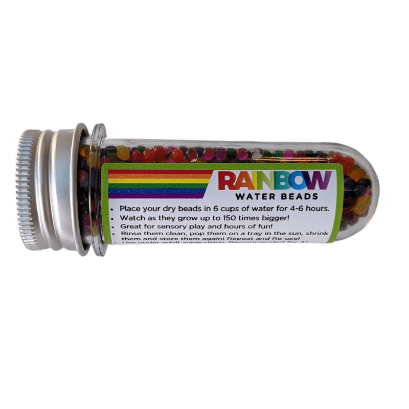 Discover our vibrant rainbow water beads! These reusable and certified water beads provide hours of sensory play. Non-toxic, biodegradable, and safe for kids above 5. Dehydrated beads in container.
