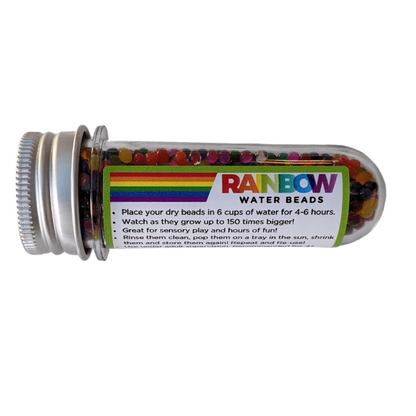 Discover our vibrant rainbow water beads! These reusable and certified water beads provide hours of sensory play. Non-toxic, biodegradable, and safe for kids above 5. Dehydrated beads in container.