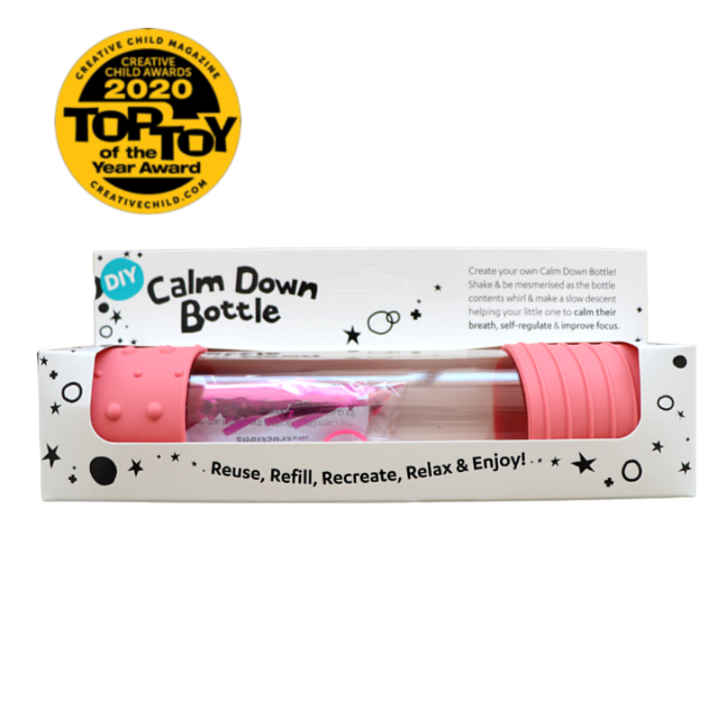 Elevate play with our DIY Sensory Bottle Kit. Pink bottle displayed in product box on a plain white background, with award winning badge