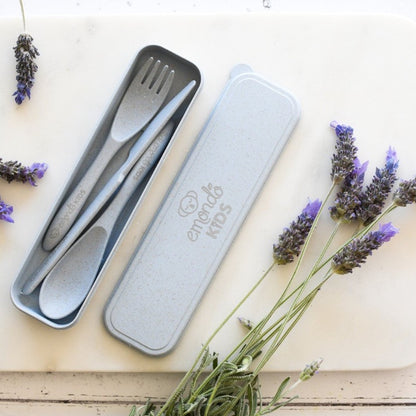 Eco-Friendly Cutlery Set for Babies & Toddlers. Displayed with lavender.
