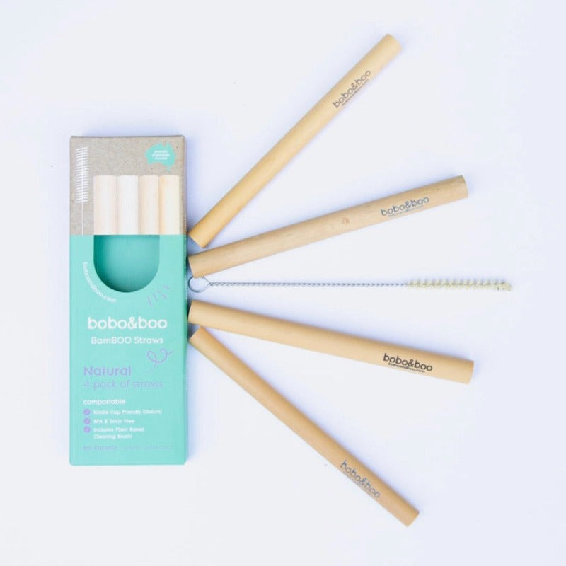 BamBOO Reusable Straws, 4 pack displayed with free straw cleaner next to packaging box, displayed on a plain white background.