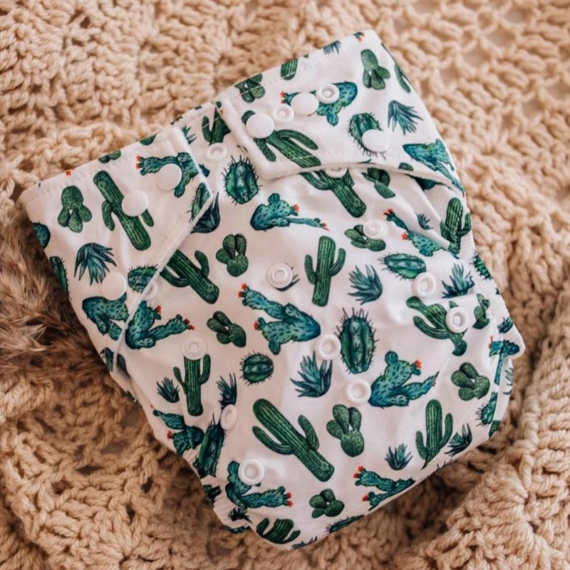 Switch to eco-friendly Modern Cloth Nappies (MCNs) for babies. Cactus design.