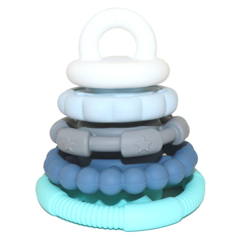 Jellystone Designs Rainbow Teething Ring Stacker - Multi-Purpose Toy for Soothing and Stacking. Ocean ring stacker stacked on white background.