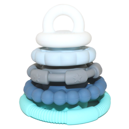 Jellystone Designs Rainbow Teething Ring Stacker - Multi-Purpose Toy for Soothing and Stacking. Ocean ring stacker stacked on white background.